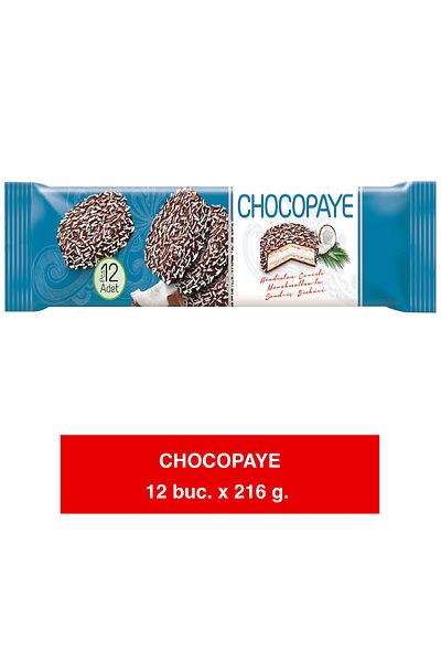 Paradise CHOCO PAYE – Biscuiți cu Marshmallow, Cocos și Glazură Cacao & Lapte – 216g x 12 | Gust Delicat