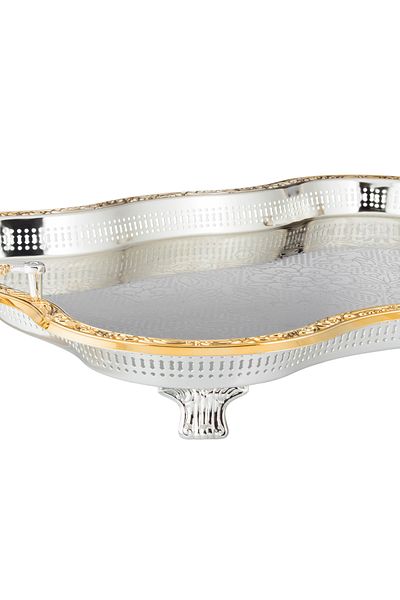 Dania Metal Serving Tray with Silver Color and Golden Decoration with Elegant Legs, Size 60*45 cm