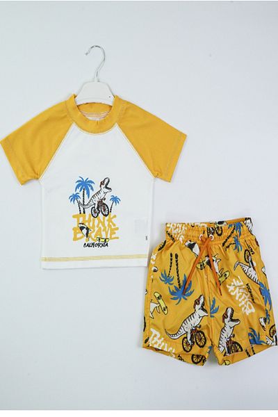 PODİUM GİYİM New Season Cute Dinosaur Printed Two Piece Diving Fabric -Uv Protection- Shorts-Men's Swimsuit