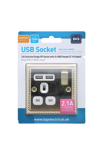 BG British General 13A Switched Single DP Socket with 2 x USB Charger Gold and White
