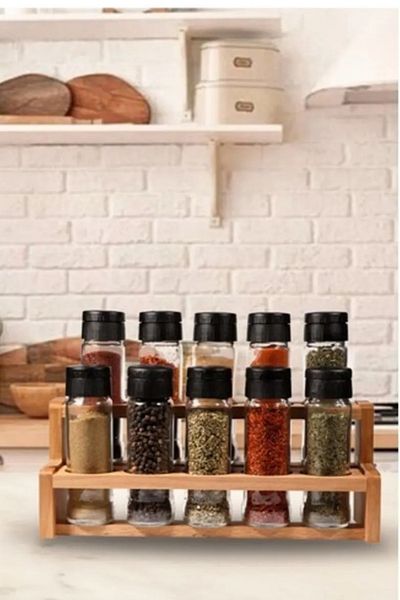 Rapt 11 Piece Glass Spice Set with Wooden Stand and Ladder Spice Rack