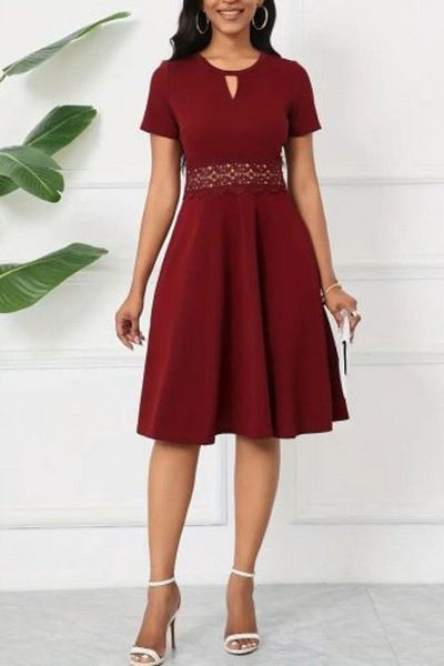 Mossta Round Neck Waist Detailed Crepe Dress - Claret Red