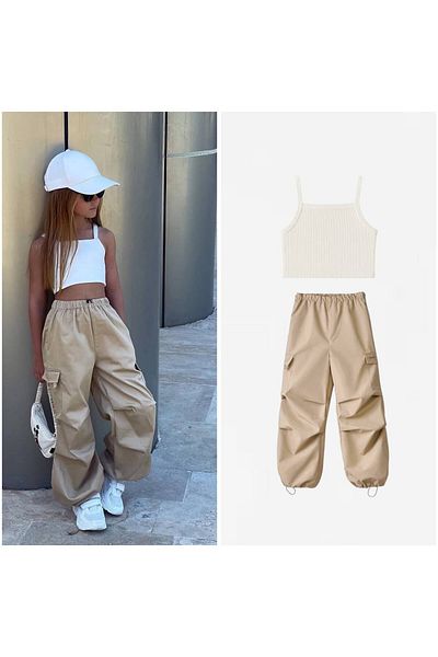 Karan Kids Girl's Crop and Parachute Fabric Pants Bottom Top Set