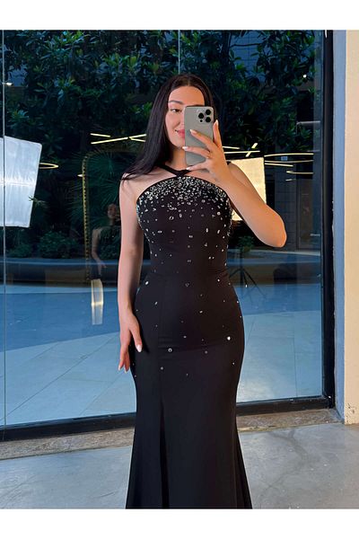 missswans Βραδινό φόρεμα Ristella Halter με πέτρα με κέντημα μακρύ βραδινό φόρεμα μαύρο