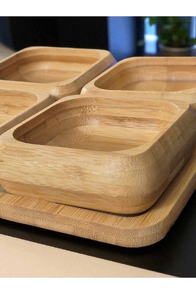 Eşya Dünyası Handmade Set of 6 Bamboo Snack and Breakfast Bowls – 9 cm Wooden Presentation Bowls 20cm. With Square Plate