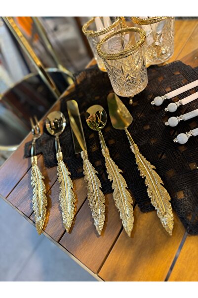 hediye Esterhomedecor 5-Piece Feather Model Metal Serving Spoon Gold