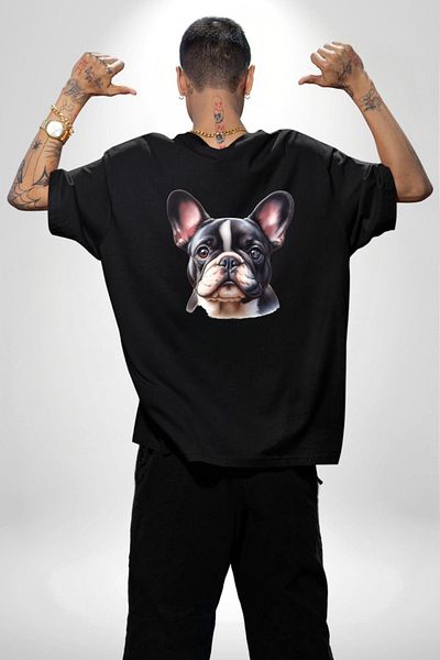 Angemiel Pet Friendly French Bulldog Dog Friendly Black Oversize Women's Men's Front and Back Printed T-Shirt