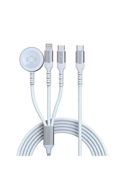Promate كابل شحن متعدد 3 في 1، فائق السرعة 60 واط من USB-C™ إلى USB-C™، موصل Lightning 27 واط
