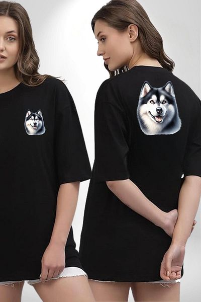 Angemiel Strong Siberian Husky Dog Large Breed Black Oversize Women Men Front and Back Printed T-Shirt