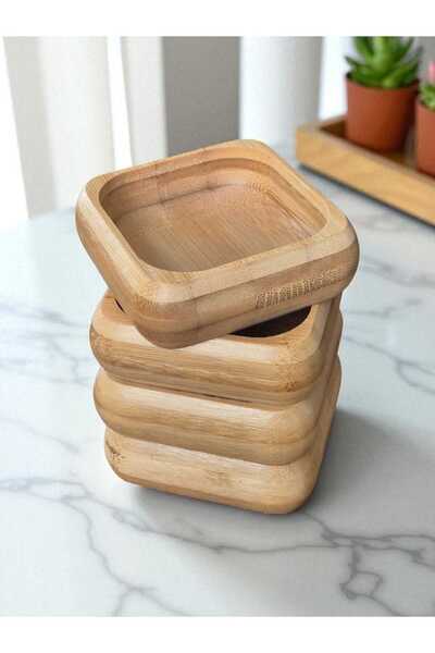 Eşya Dünyası Handmade Set of 6 Bamboo Snack and Breakfast Bowls – 9 cm Wooden Presentation Bowls 20cm. With Square Plate