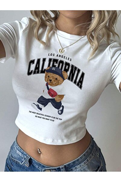 OVER HEAD Tricou Crop pentru femei California Cool Teddy Bear Baby Tee