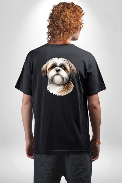 Angemiel Cheerful Shih Tzu Small Breed Dog Friendly Black Oversize Women Men Front and Back Printed T-Shirt