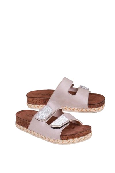 Pienn Summer Cream Velcro Slippers – Ecru Stripe Sole Detail