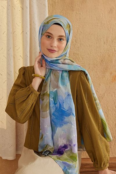 Tesettür Diyarı Watercolor Abstract Pattern Bamboo Shawl