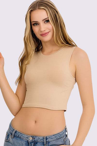 vory Women's Sleeveless Wide Collar Crop Color T-Shirt Vr.L23.17.317.Y01