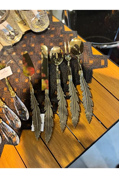 hediye Esterhomedecor 5-Piece Feather Model Metal Serving Spoon Antique Gold