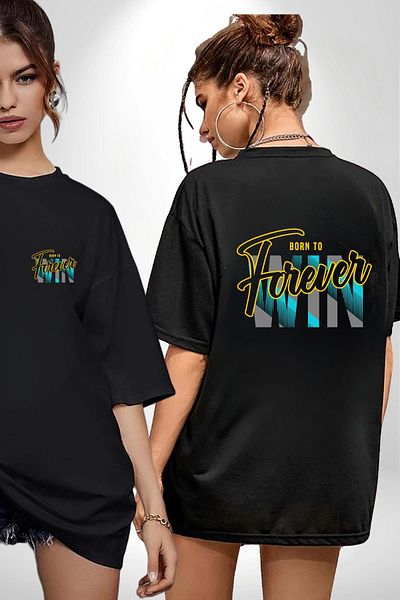 Angemiel Born to Win Printed Motivational Design Black Oversize Women's Men's Front and Back Printed T-Shirt