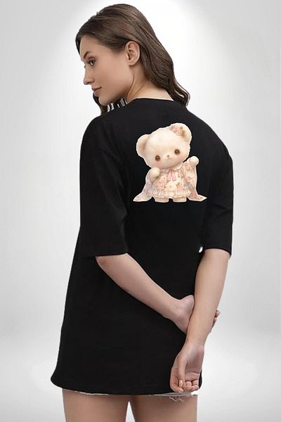 Angemiel Kawaii Style Special Pink Flower Motif Teddy Bear Black Oversize Women's Men's Front and Back Printed T-Shirt