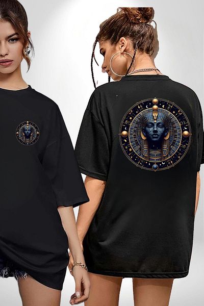 Angemiel Egyptian Mythology Nut Mystical Goddess of the Sky Black Oversize Women Men Front and Back Printed T-Shirt