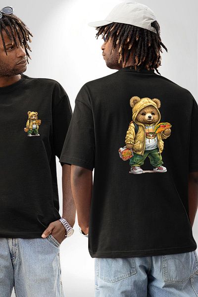 Angemiel Taco and Burger Fast Food Themed Teddy Bear Black Oversize Women's Men's Front and Back Printed T-Shirt