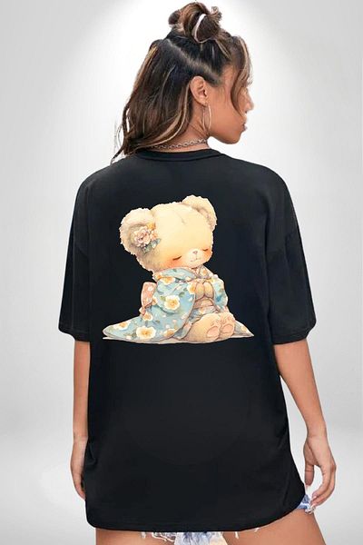 Angemiel Blue Floral Patterned Kimono Cute Teddy Bear Black Oversize Women's Men's Front and Back Printed T-Shirt