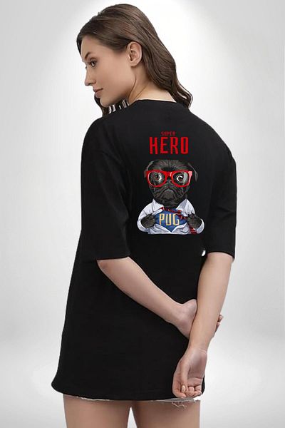 Angemiel Super Pug Hero Dog Black Oversize Women's Men's Front and Back Printed T-Shirt