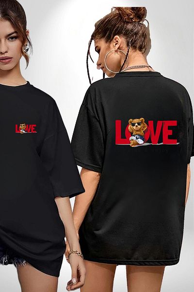 Angemiel Love Printed Cute Bear and Relaxing Love Black Oversize Women's Men's Front and Back Printed T-Shirt