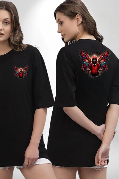Angemiel Hip Hop Style Red Hooded Winged Men's Black Oversize Women's Men's Front and Back Printed T-Shirt