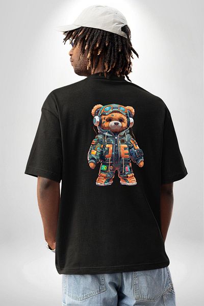Angemiel Smart Technology Style Teddy Bear Black Oversize Women's Men's Front and Back Printed T-Shirt