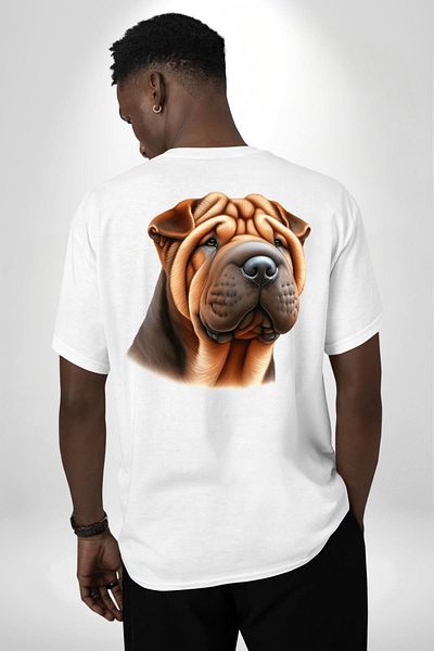 Angemiel Shar Pei Dog with Wrinkled Skin White Oversize Women's Men's Front and Back Printed T-Shirt
