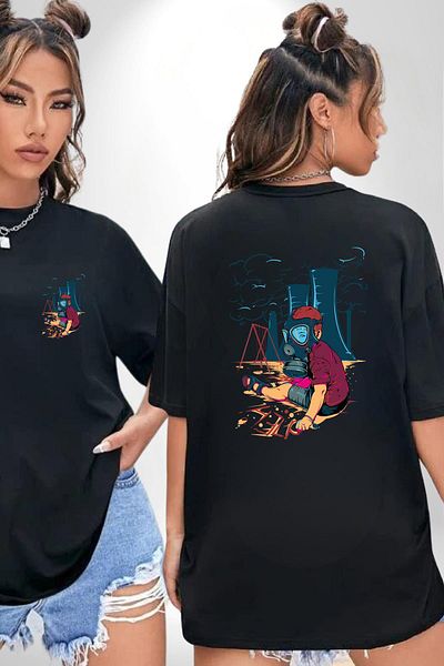Angemiel Climate Change Global Warming Black Oversize Women's Men's Front and Back Printed T-Shirt