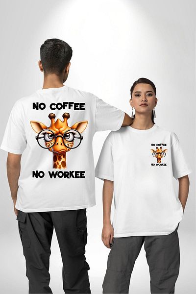 Angemiel لا توجد عمل بدون قهوة مكتوبة عليها "تي شيرت مطبوع عليه Fun Coffee White كبير الحجم للنساء والرجال من الأمام والظهر