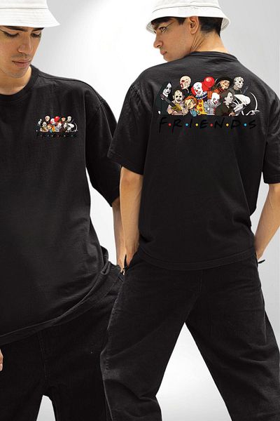 Angemiel Horror Movie Dating Black Oversize Women's Men's Front and Back Printed T-Shirt