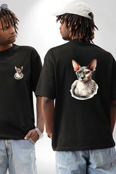 Angemiel Sphinx Cat Special Design Black Oversize Women's Men's Front and Back Printed T-Shirt