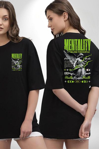 Angemiel Mindset Bustle Written Angel Black Oversize Women's Men's Front and Back Printed T-Shirt
