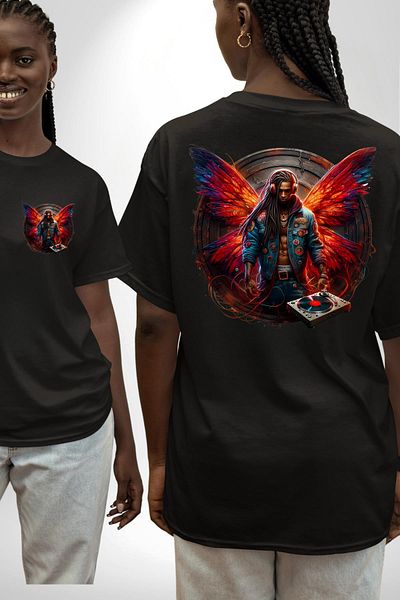 Angemiel Dj Style Design with Red Orange Wings Black Oversize Women Men Front and Back Printed T-Shirt