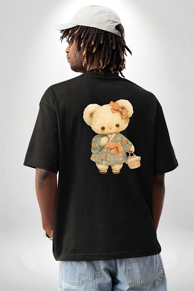 Angemiel Cute Flower Patterned Teddy Bear Black Oversize Women's Men's Front and Back Printed T-Shirt