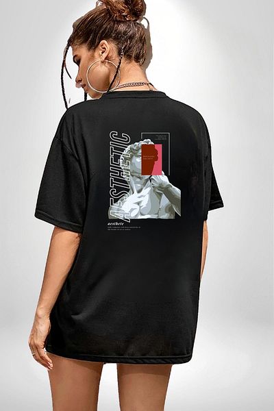 Angemiel Aesthetic Printed Art and Modern Design Black Oversize Women's Men's Front and Back Printed T-Shirt