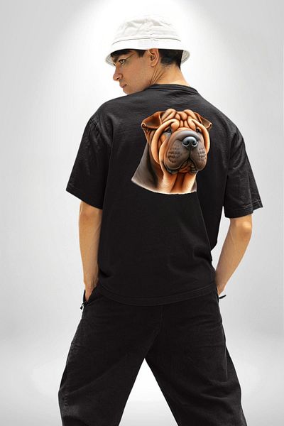 Angemiel Shar Pei Dog with Wrinkled Skin Black Oversize Women's Men's Front and Back Printed T-Shirt