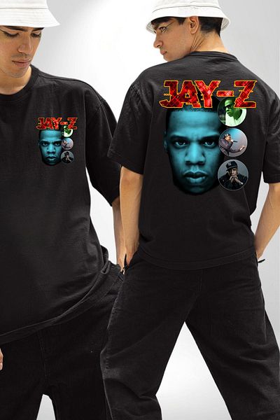 Angemiel Jay-Z Rap Music Hip Hop 90S Legend Black Oversize Women Men Front and Back Printed T-Shirt