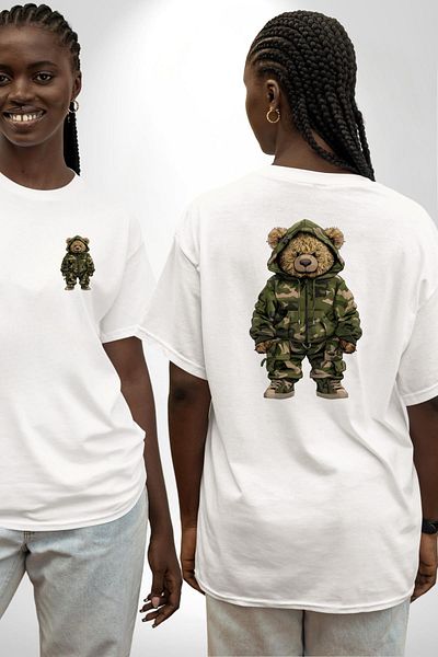 Angemiel Camouflage Pattern Teddy Bear Hoodie & Pants Set White Oversized Women's Men's Front and Back Printed T-Shirt