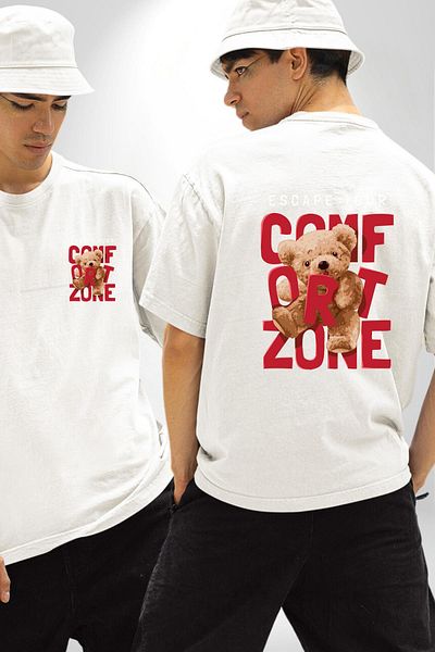 Angemiel تي شيرت أبيض كبير الحجم للنساء والرجال مطبوع من الأمام والظهر من Comfort Break Out Bear Design