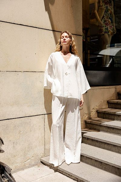 Lady Pixie Button Detailed Oversize Shirt Blouse Trousers Set