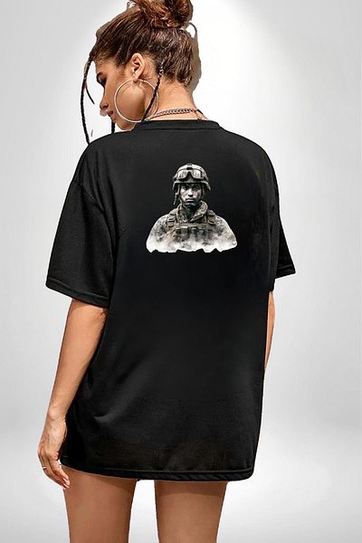Angemiel War and Soldier Themed High Quality Graphic Black Oversize Women's Men's Front and Back Printed T-Shirt