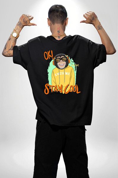 Angemiel Stay Cool Fun Monkey Graphic Black Oversize Women Men Front and Back Printed T-Shirt