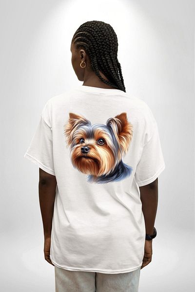 Angemiel Yorkshire Terrier Teacup Mini Dog Love White Oversize Women Men Front and Back Printed T-Shirt