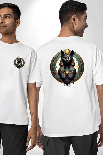 Angemiel تي شيرت Bastet Goddess Sacred Cat مصر القديمة باللون الأبيض كبير الحجم للنساء والرجال مطبوع من الأمام والظهر