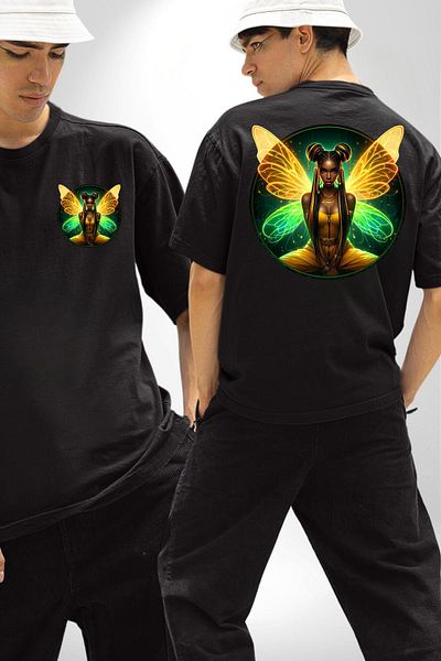 Angemiel Summer Neon Yellow-Green Women's Angel Black Oversize Women's Men's Front and Back Printed T-Shirt