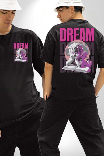 Angemiel Angels' Dream Angel and Dream Black Oversize Women's Men's Front and Back Printed T-Shirt