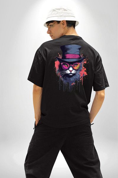 Angemiel Asi Graffiti Inspired Glasses Cat Black Oversize Women's Men's Front and Back Printed T-Shirt